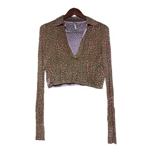 Free People Green Spotted Collared Crop Sweater Long Sleeves Size S